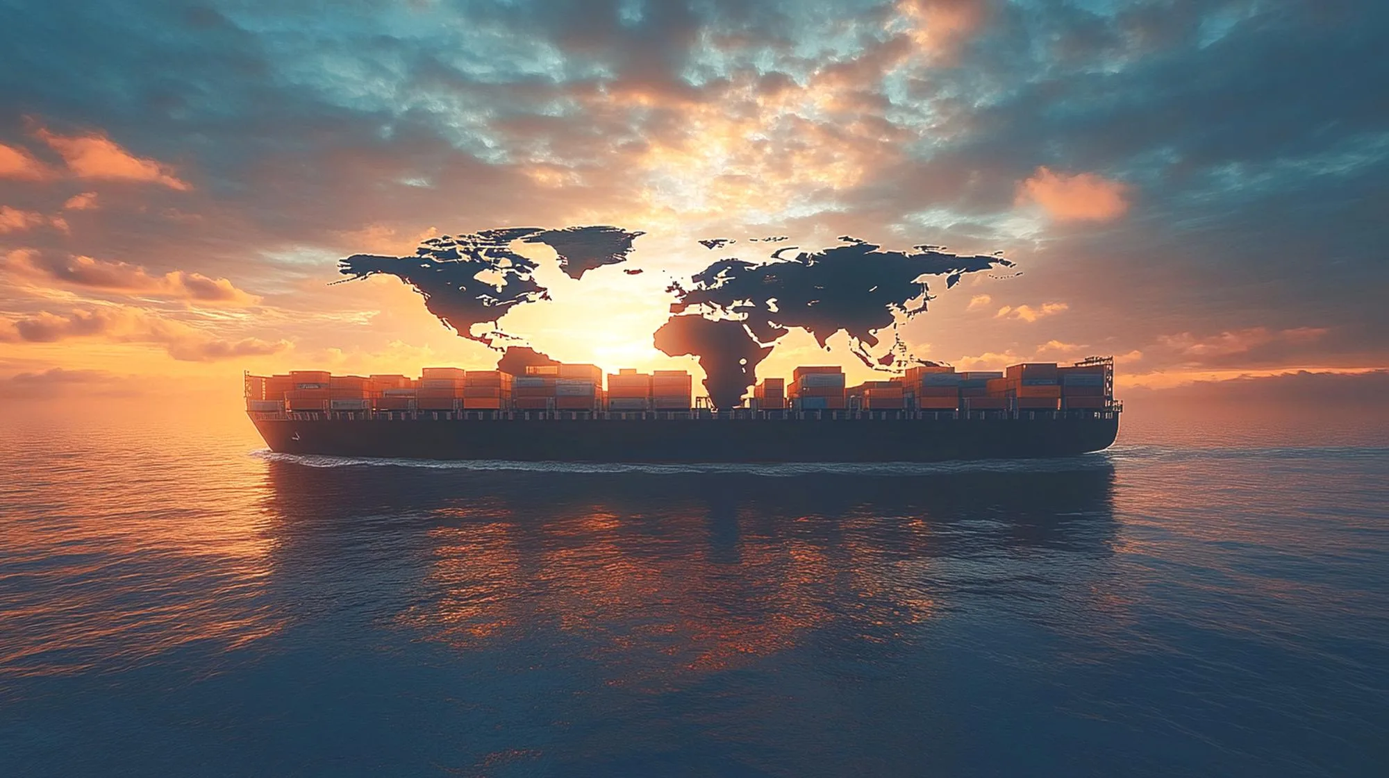 Container ship at sea beneath a world map sky